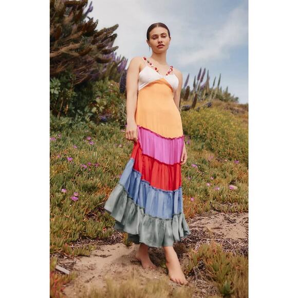 NWT ANTHROPOLOGIE Tiered RAINBOW V-NECK MAXI DRESS Size M #MB420 - Picture 1 of 14